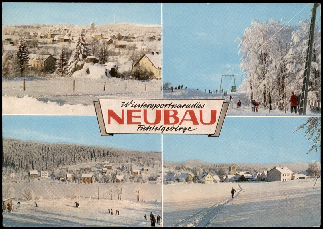 zoom: Image side vintage Postcard from 1965: Mehrbild-AK Wintersportparadies NEUBAU Fichtelgebirge:: Neubau-Fichtelberg (Oberfranken)