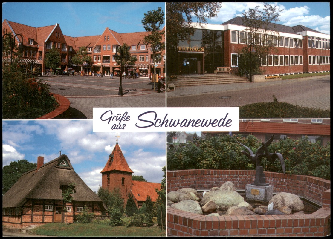 zoom: Image side vintage Postcard from 1990: Mehrbildkarte mit 4 Ortsansichten:: Schwanewede