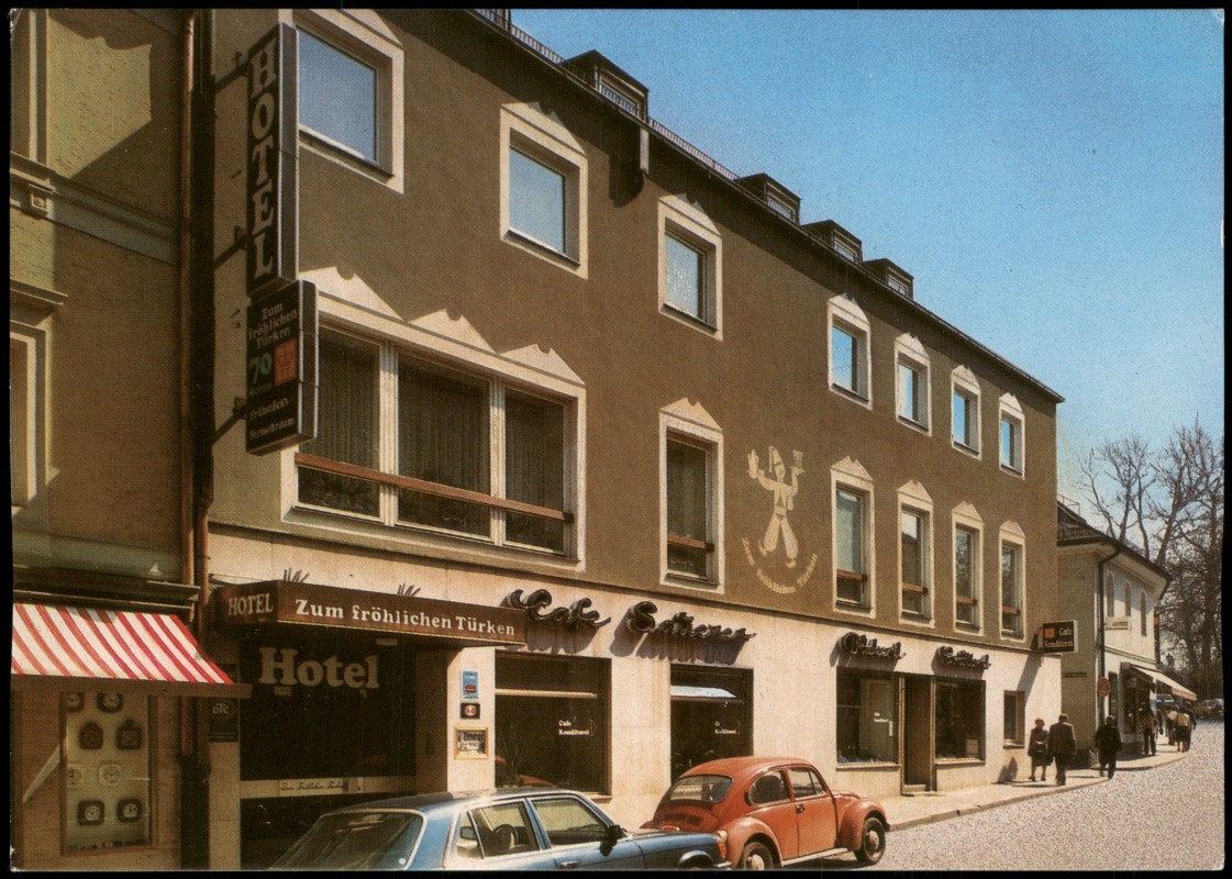 vergrößern: Bildseite historische Ansichtskarte von 1965: HOTEL Zum fröhlichen Türken, VW Käfer:: Regensburg