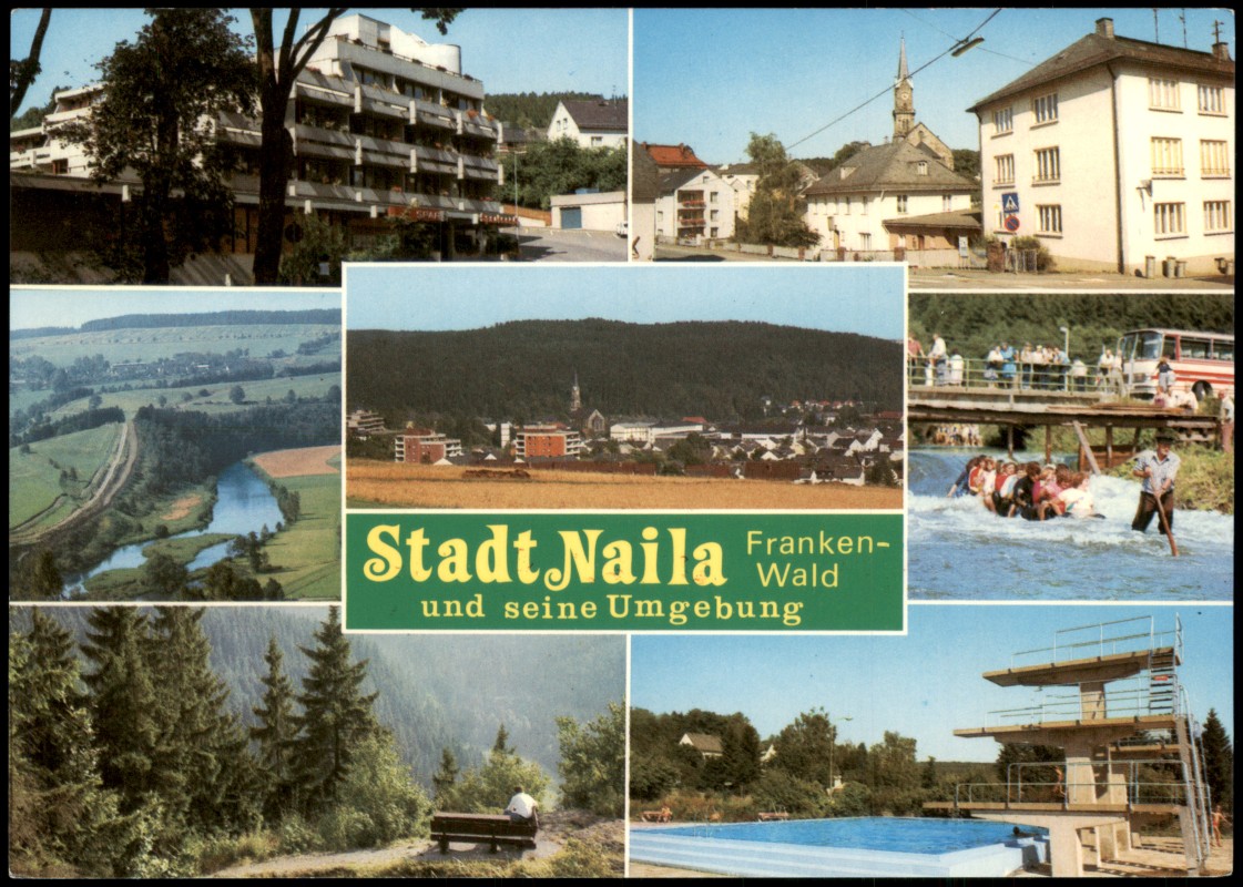 vergrößern: Bildseite historische Ansichtskarte von 1985: Mehrbildkarte Ortsansichten, Frankenwald u. Umgebung:: Naila (Oberfranken)