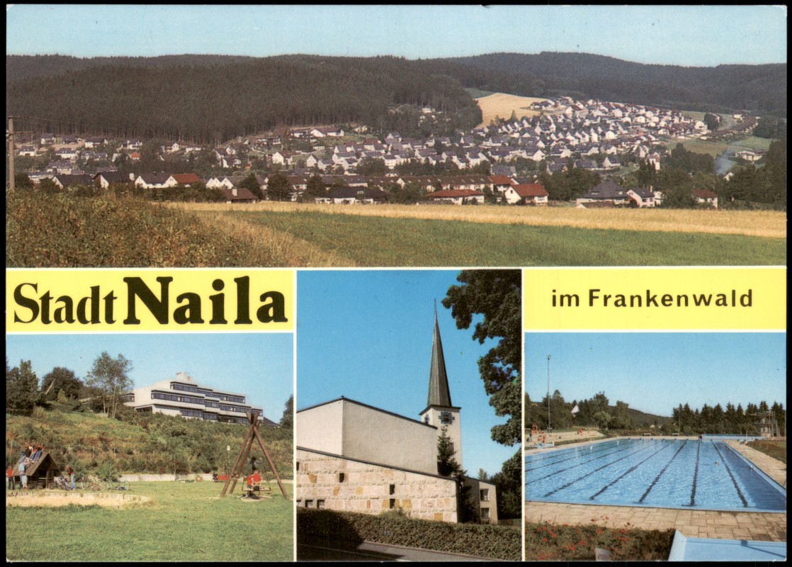 zoom: Image side vintage Postcard from 1975: Mehrbildkarte Ortsansichten u.a. Freibad Schwimmbad:: Naila (Oberfranken)