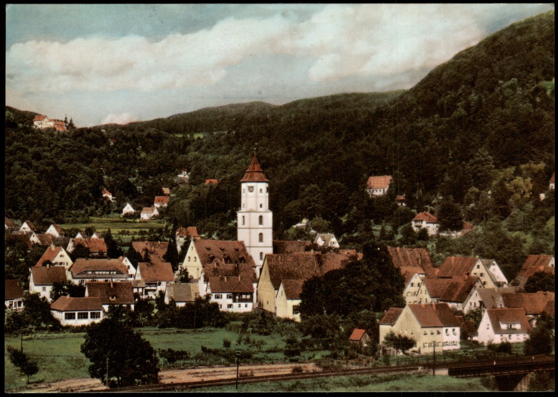 vergrößern: Bildseite historische Ansichtskarte von 1970: Panorama-Ansicht:: Pommelsbrunn