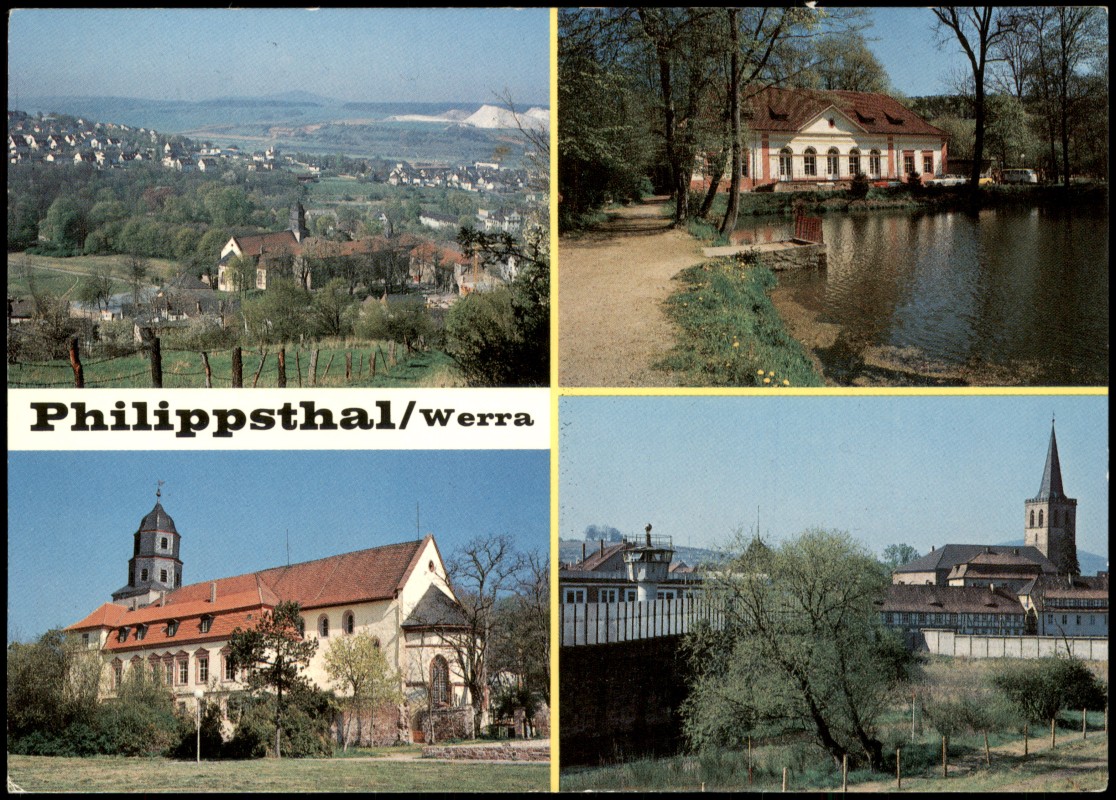 vergrößern: Bildseite historische Ansichtskarte von 1984: Mehrbildkarte "Grenzort zur DDR" (Ortsansichten):: Philippsthal