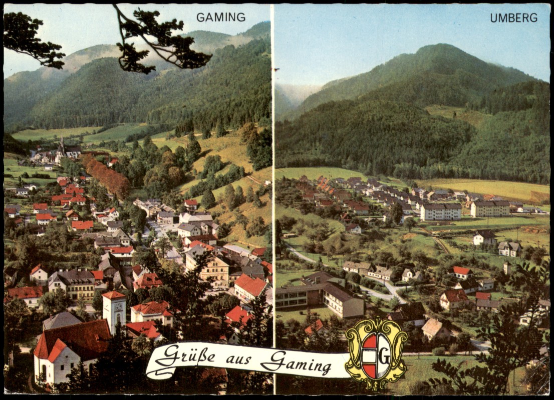 vergrößern: Bildseite historische Ansichtskarte von 1955: Panorama-Ansichten, Gaming und Umberg, Kirche:: Gaming