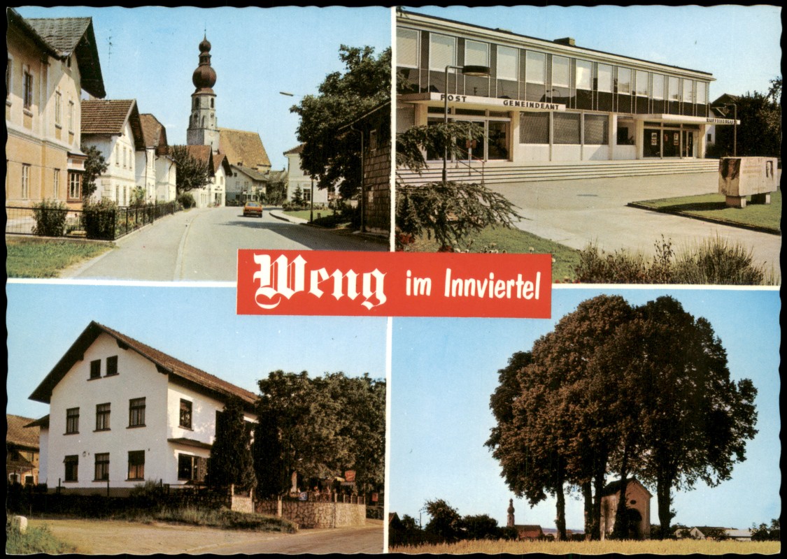 vergrößern: Bildseite historische Ansichtskarte von 1970: Mehrbildkarte Ortsansichten Post Gemeindeamt uvm.:: Weng im Innviertel