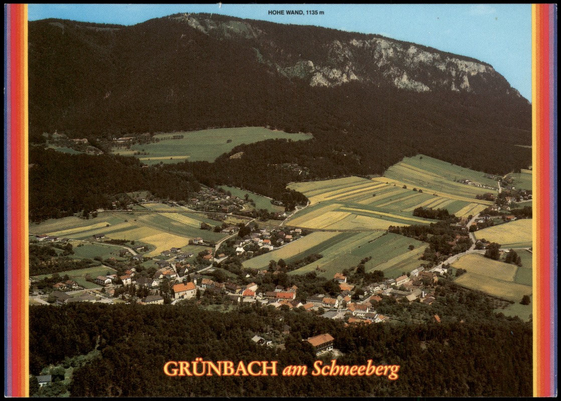 zoom: Image side vintage Postcard from 1965: Panorama Luftbild Grünbach am Schneeberg, Sportzentrum, Hallenbad und Hohe Wand 1135 m:: Grünbach am Schneeberg