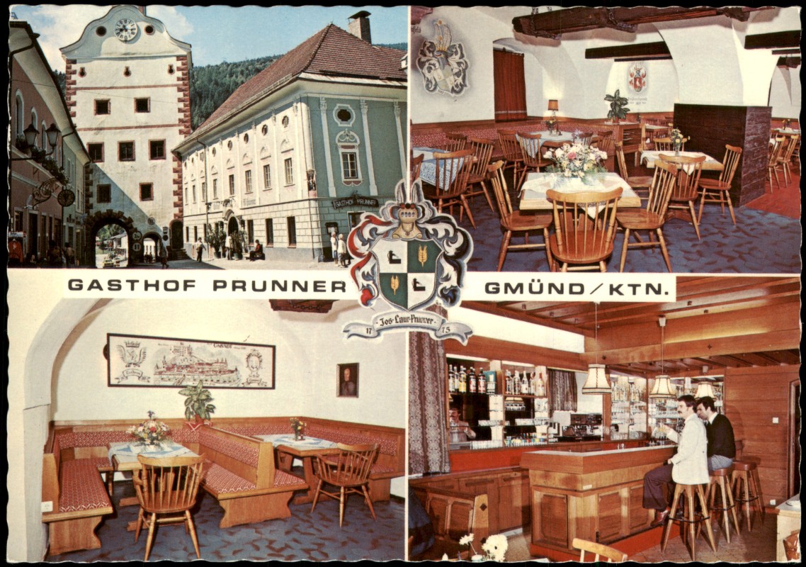 zoom: Image side vintage Postcard from 1980: Gasthof-Pension Prunner, Gasthof mit Stadtturm, Braustube und Gaststube:: Gmünd (Niederösterreich)
