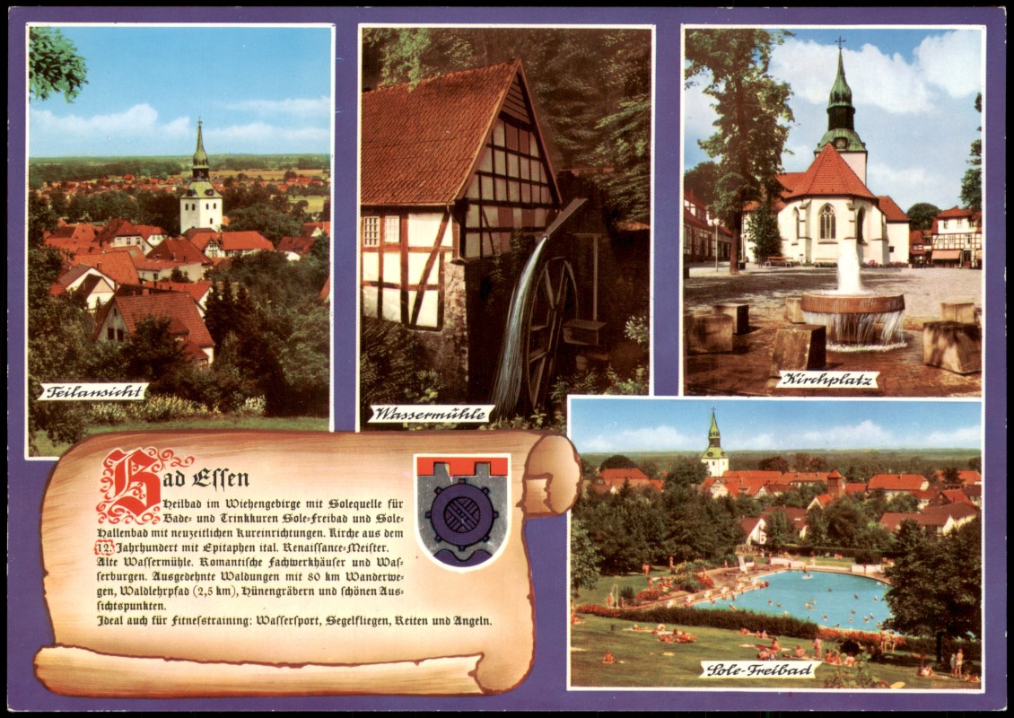 vergrößern: Bildseite historische Ansichtskarte von 1990: Ansichten von Bad Essen, Kirchplatz, Wassermühle, Sole-Freibad:: Bad Essen