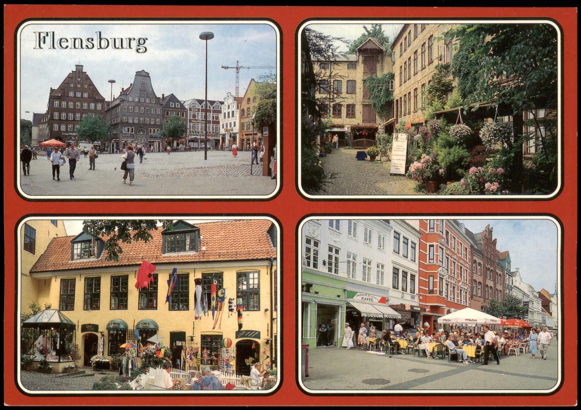 zoom: Image side vintage Postcard from 1990: Mehrbildkarte, Flensburg mit Südermarkt:: Flensburg