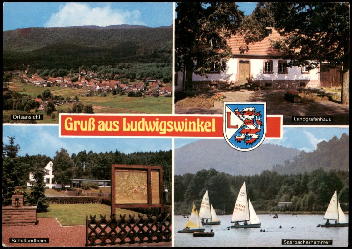 vergrößern: Bildseite historische Ansichtskarte von 1980: Gruß aus Ludwigswinkel u.a. Schul-Landheim, Landgrafenhaus uvm.:: Ludwigswinkel