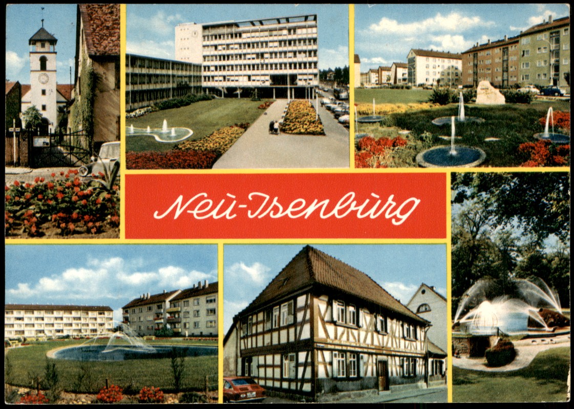 vergrößern: Bildseite historische Ansichtskarte von 1990: Stadtteilansichten Neu-Isenburg:: Neu-Isenburg