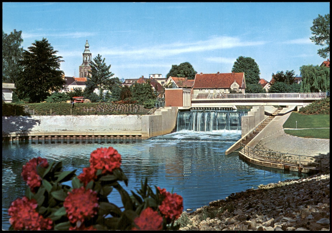 zoom: Image side vintage Postcard from 1980: Nordhorn, Blick auf das neue Wehr:: Nordhorn