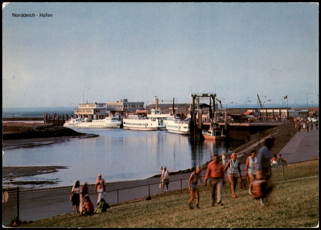 zoom: Image side vintage Postcard from 1985: Blick zum Hafen-Schiffs-Anleger:: Norddeich-Norden