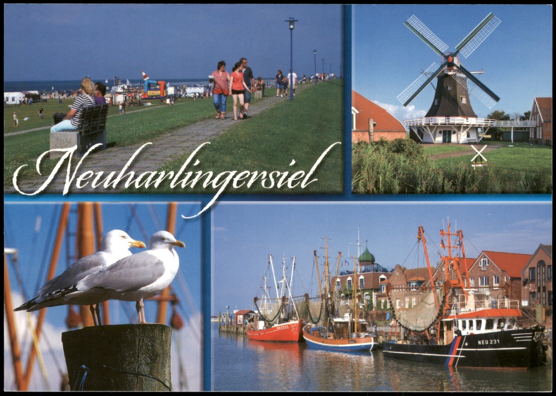 vergrößern: Bildseite historische Ansichtskarte von 2010: Mehrbildkarte vom Nordseeheilbad Neuharlingersiel, Windmühle, Hafen:: Neuharlingersiel