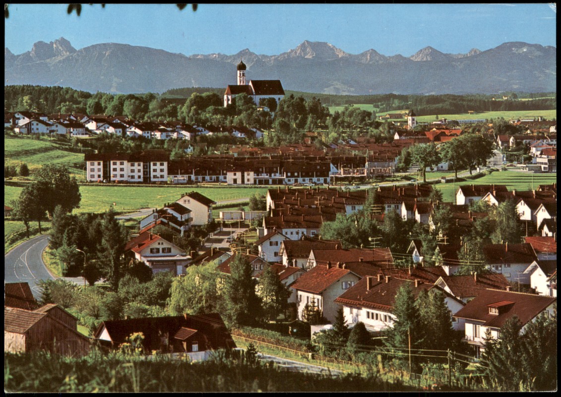 zoom: Image side vintage Postcard from 1990: Panorama-Ansichten Marktoberdorf im Ostallgäu mit Allgäuer und Tiroler Alpen:: Marktoberdorf