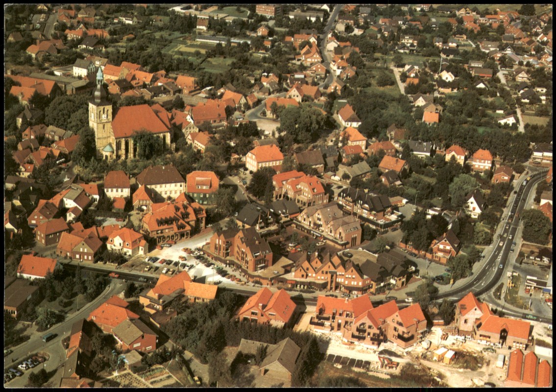 vergrößern: Bildseite historische Ansichtskarte von 1990: Luftansicht Innenstadt von NOTTULN:: Nottuln