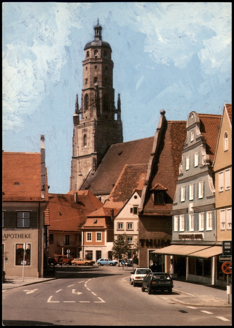 zoom: Image side vintage Postcard from 1985: Brettermarkt mit St. Georgskirche:: Nördlingen