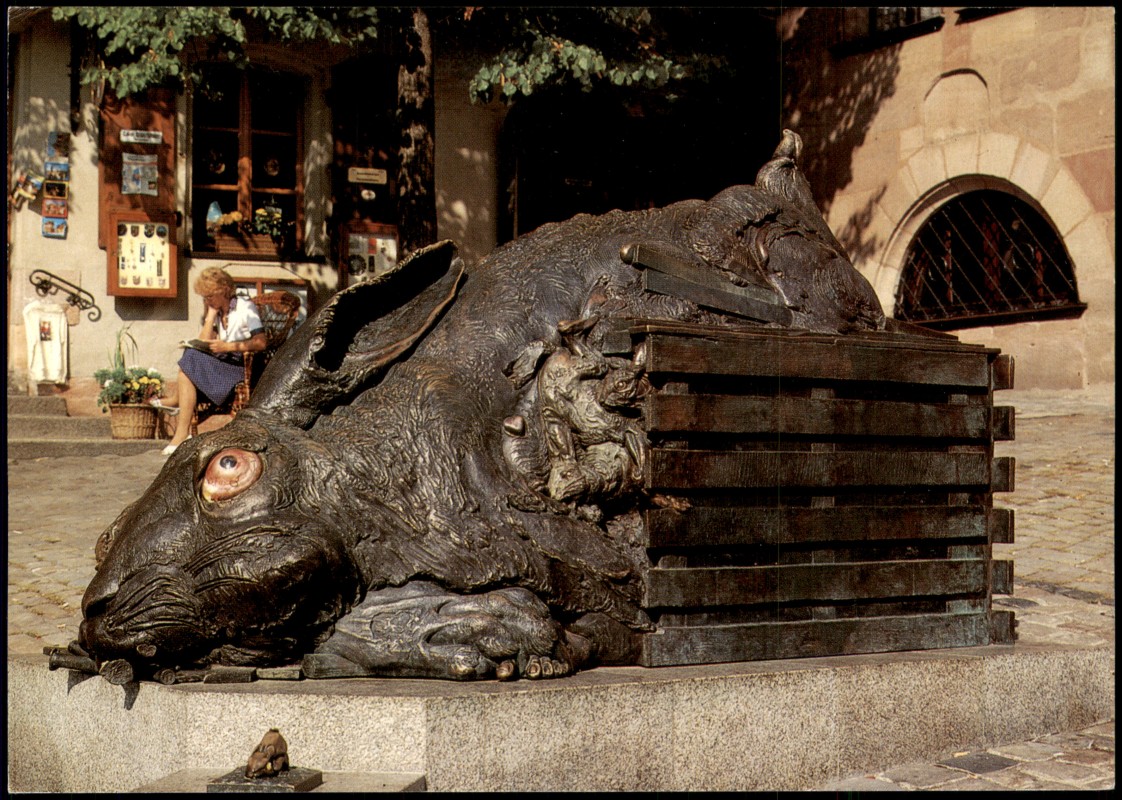 zoom: Image side vintage Postcard from 1995: Albrecht-Dürer-Platz mit Zeitgenössischer Paraphrase (Darstellung) von Dürer