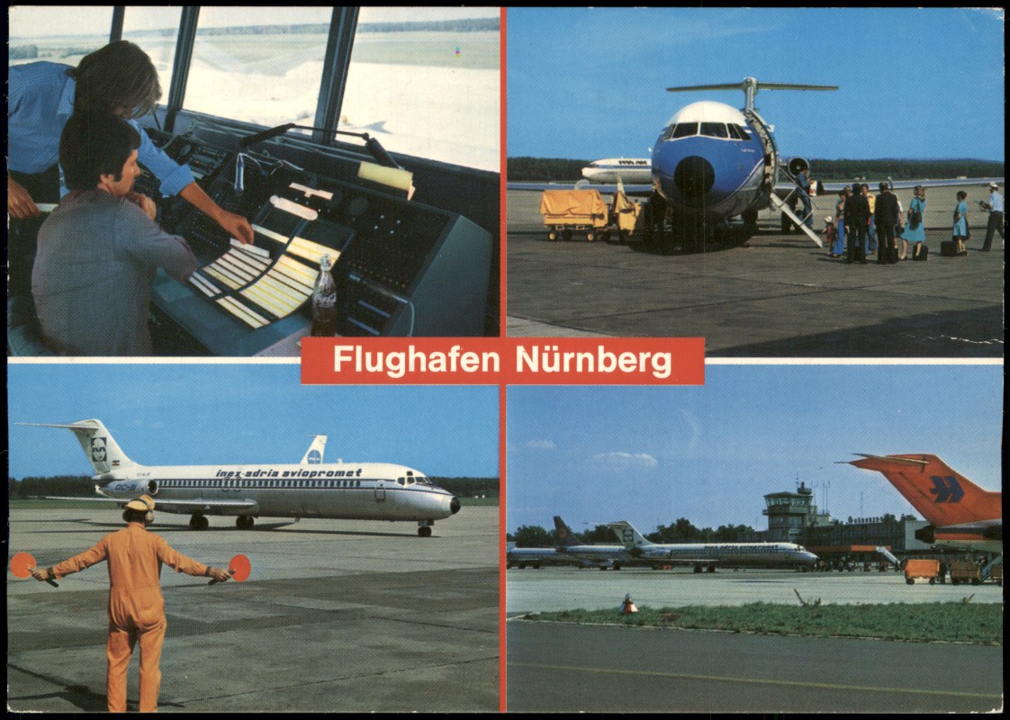zoom: Image side vintage Postcard from 1980: Mehrbildkarte vom Flughafen mit Tower und versch. Flugzeugen:: Nuremberg