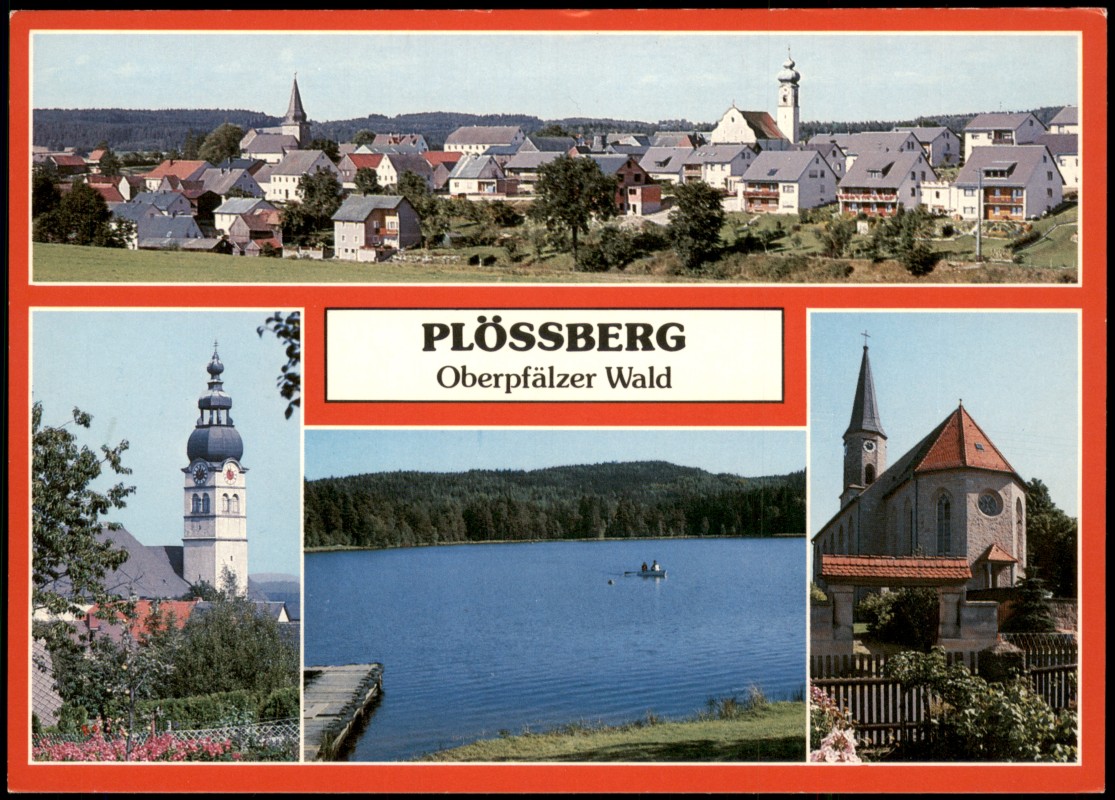 vergrößern: Bildseite historische Ansichtskarte von 1990: Mehrbildkarte, Panorama, Kirchen:: Plößberg