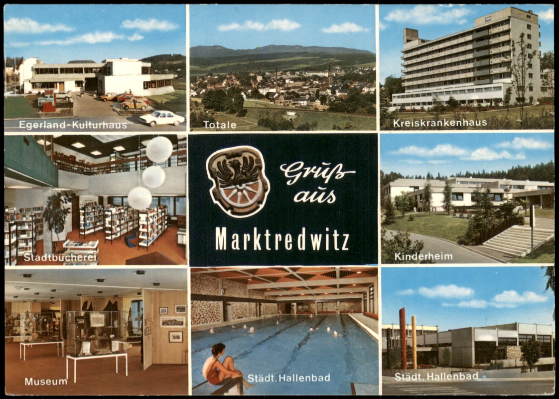 vergrößern: Bildseite historische Ansichtskarte von 1980: Mehrbildkarte von Marktredwitz mit Stadtbücherei, Kulturhaus & Städt. Hallenbad:: Marktredwitz