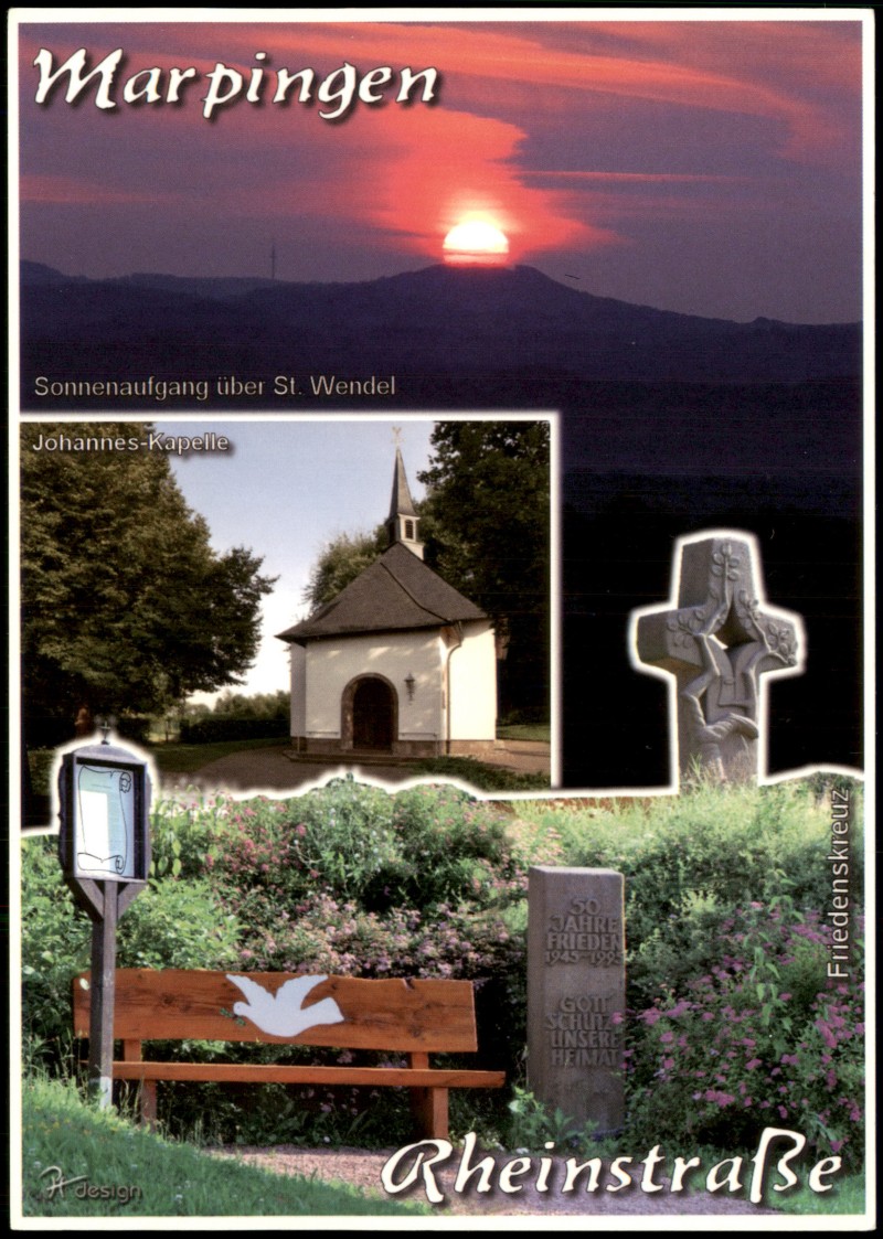 vergrößern: Bildseite historische Ansichtskarte von 2000: Sonnenaufgang über St. Wendel & Johannes-Kapelle Friedenstkreuz:: Marpingen