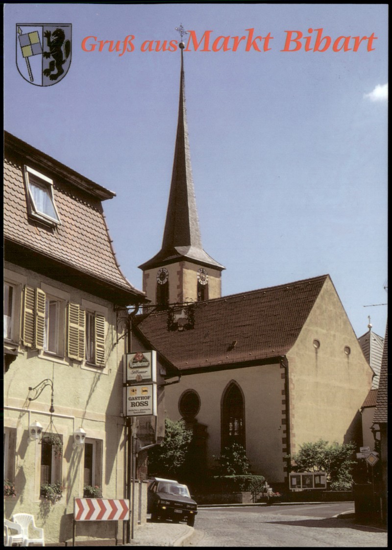 vergrößern: Bildseite historische Ansichtskarte von 2000: Gruß aus Markt Bibart, Gasthof Ross, Kirche, Auto:: Markt Bibart
