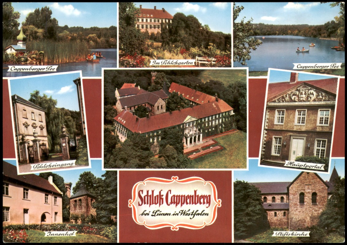 vergrößern: Bildseite historische Ansichtskarte von 1980: Lünen Schloß Cappenberg - Im Schlossgarten Cappenberger See Schloßeingang Innenhof Hauptportal:: Lünen (Westfalen)