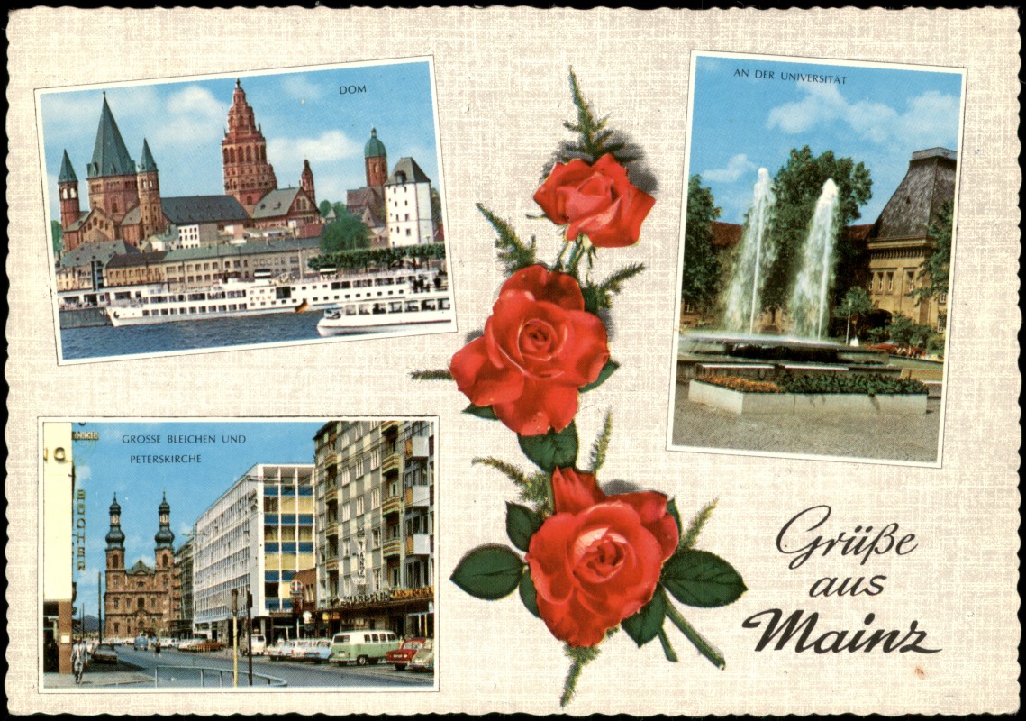 vergrößern: Bildseite historische Ansichtskarte von 1971: Mainz GROSSE BLEICHEN UND PETERSKIRCHE Dom:: Mainz