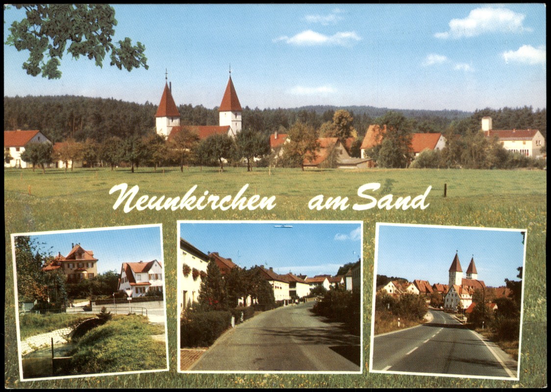 zoom: Image side vintage Postcard from 1990: Stadtteilansichten Neunkirchen am Sand Kirche und Stadtansicht:: Speikern-Neunkirchen am Sand