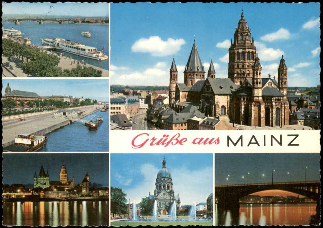 vergrößern: Bildseite historische Ansichtskarte von 1968: Panorama-Ansichten Mainz Stadtteilansichten Rhein:: Mainz