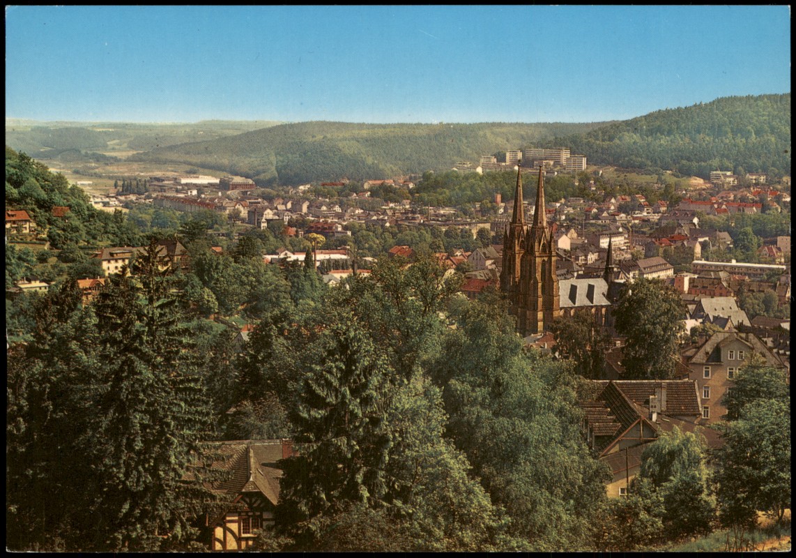 vergrößern: Bildseite historische Ansichtskarte von 1980: MARBURG AN DER LAHN Gesamtansicht mit Elisabethkirche:: Marburg an der Lahn