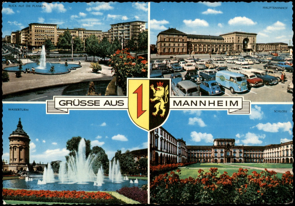 zoom: Image side vintage Postcard from 1970: Stadtteilansichten Mannheim BLICK AUF DIE PLANKEN HAUPTBAHNHOF WASSERTURM SCHLOSS:: Mannheim