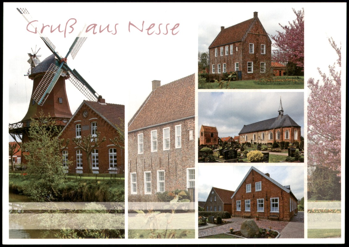 vergrößern: Bildseite historische Ansichtskarte von 1990: Nesse 700 EW gegründet 900 n. Chr. - St. Marienkirche Mühle Pfarrhaus:: Dornum