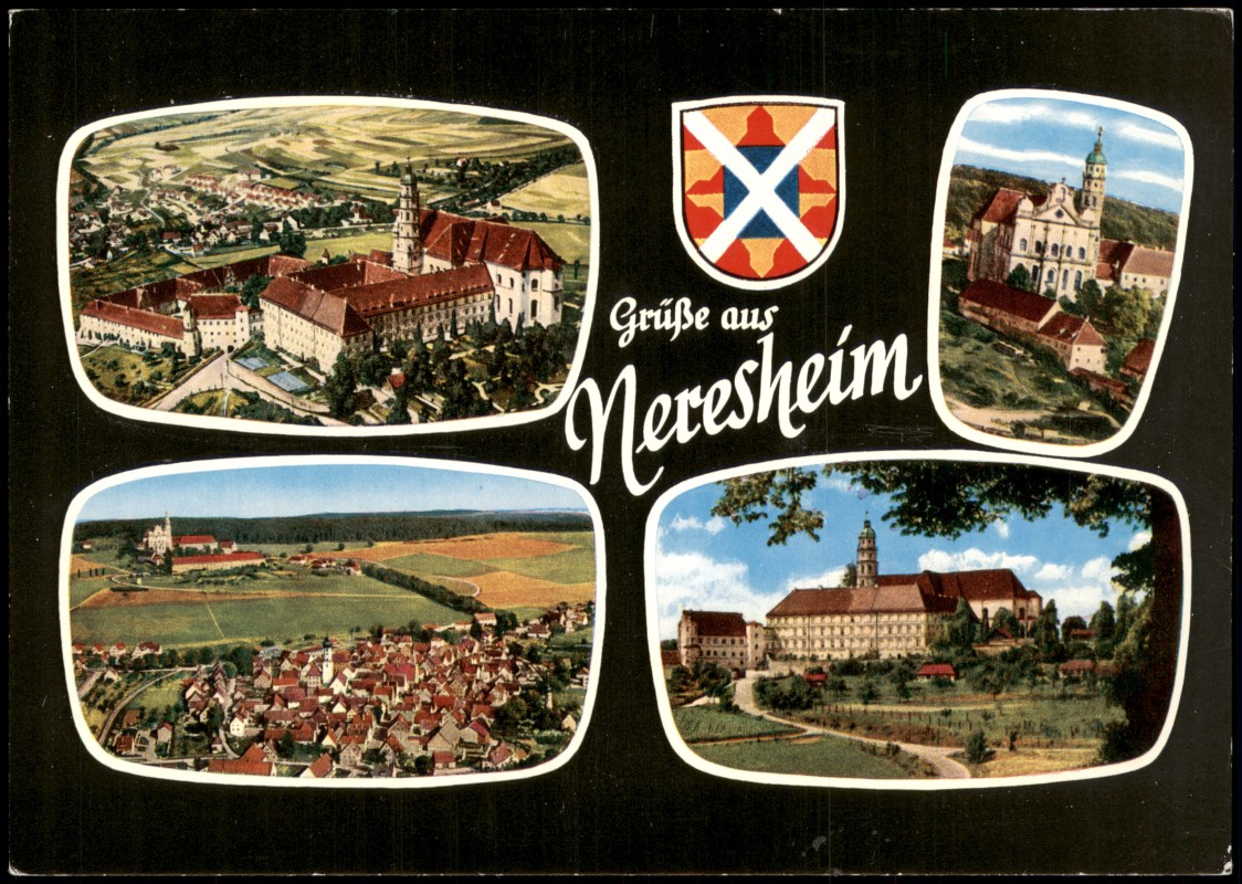 zoom: Image side vintage Postcard from 1960: Luftbilder Neresheim Klosterkirche Abtei Neresheim:: Neresheim