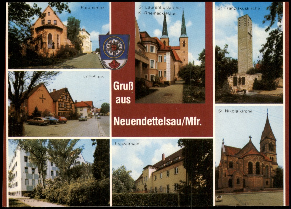 vergrößern: Bildseite historische Ansichtskarte von 1993: Panorama-Ansichten St Laurentiuskirche K-Rheineck Haus St Franziskuskirche Lohehaus St. Nikolaikirche:: Neuendettelsau