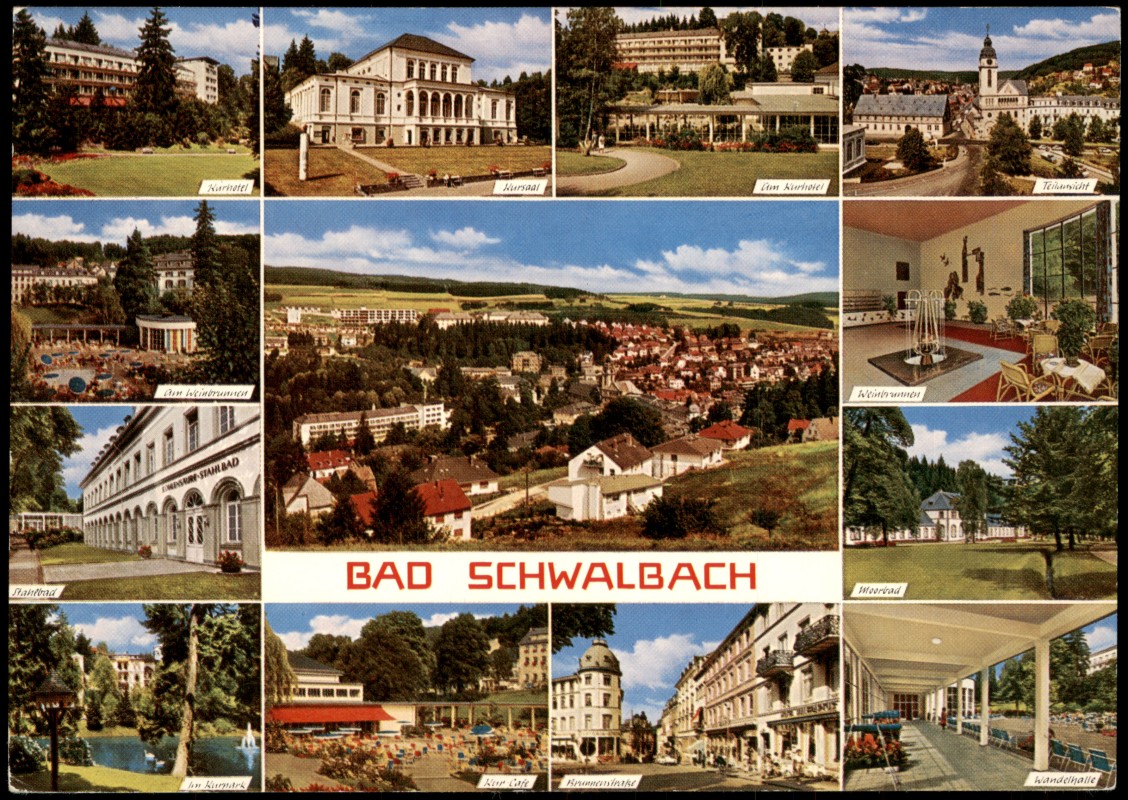 vergrößern: Bildseite historische Ansichtskarte von 1980: Ansichten Bad Schwalbach Am Weinerum RESTAHLBAD Nursaal Wandelhalle Moorbad:: Bad Schwalbach