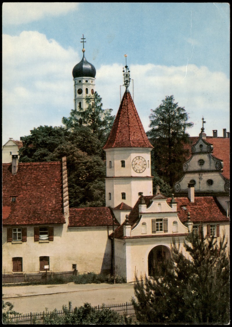 vergrößern: Bildseite historische Ansichtskarte von 1969: Eingang zum früheren Prämonstratenser-Kloster Bad Schussenried, Oberschwaben und "Törle":: Bad Schussenried