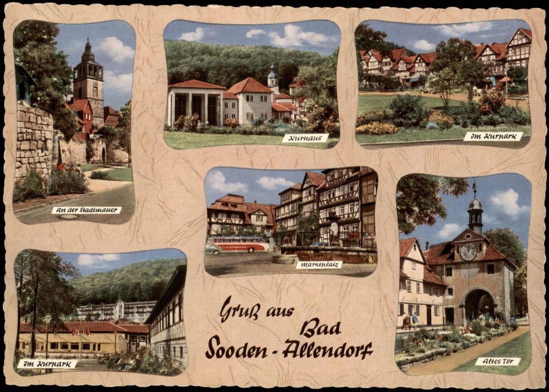 zoom: Image side vintage Postcard from 1970: Ansichten Bad Sooden-Allendorf Kurpark Kurnaus Marktplatz Stadtmauer Altes Tor:: Bad Sooden-Allendorf