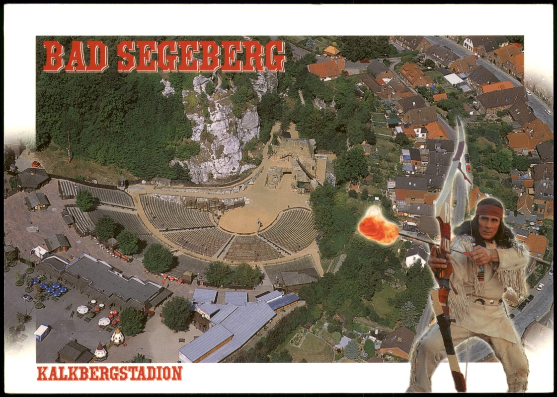 vergrößern: Bildseite historische Ansichtskarte von 2008: Karl-May-Spiele Bad Segeberg Luftbild KalkbergStadion:: Bad Segeberg