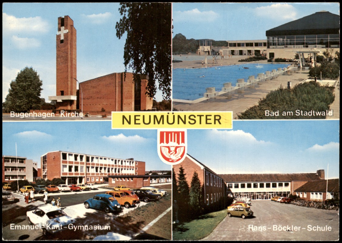 zoom: Image side vintage Postcard from 1980: Stadtteilansichten Neumünster Bugenhagen-Kirche Bad am Stadtwald Emanuel Kant-Gymnasium Hans-Böckler-Schule:: Gadeland-Neumünster