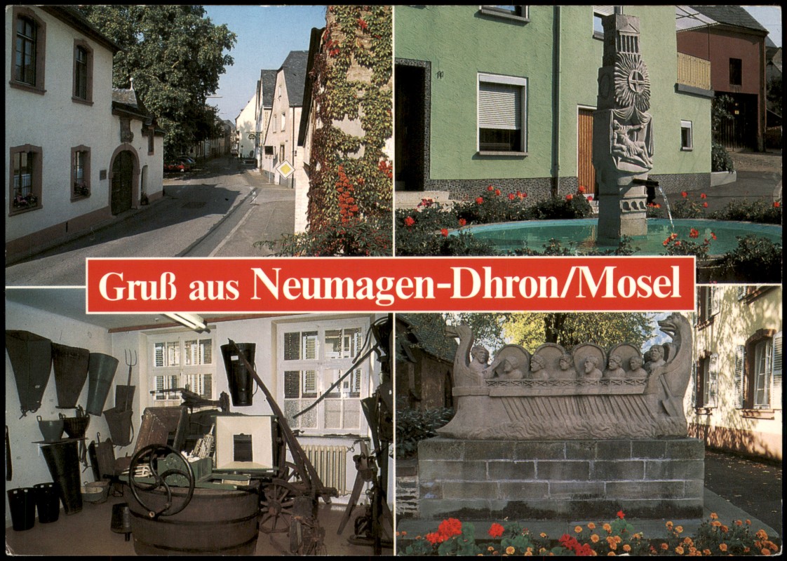 vergrößern: Bildseite historische Ansichtskarte von 1981: Ortsansichten Neumagen-Dhron Mosel Brunnen Weinherstellung:: Neumagen-Dhron