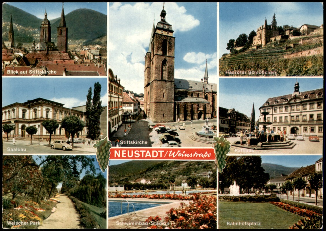 vergrößern: Bildseite historische Ansichtskarte von 1975: Mehrbildkarte mit Haardter Schlößchen, Rathaus, Bahnhofsplatz & Blick auf Stiftskirche:: Haardt-Neustadt an der Weinstraße