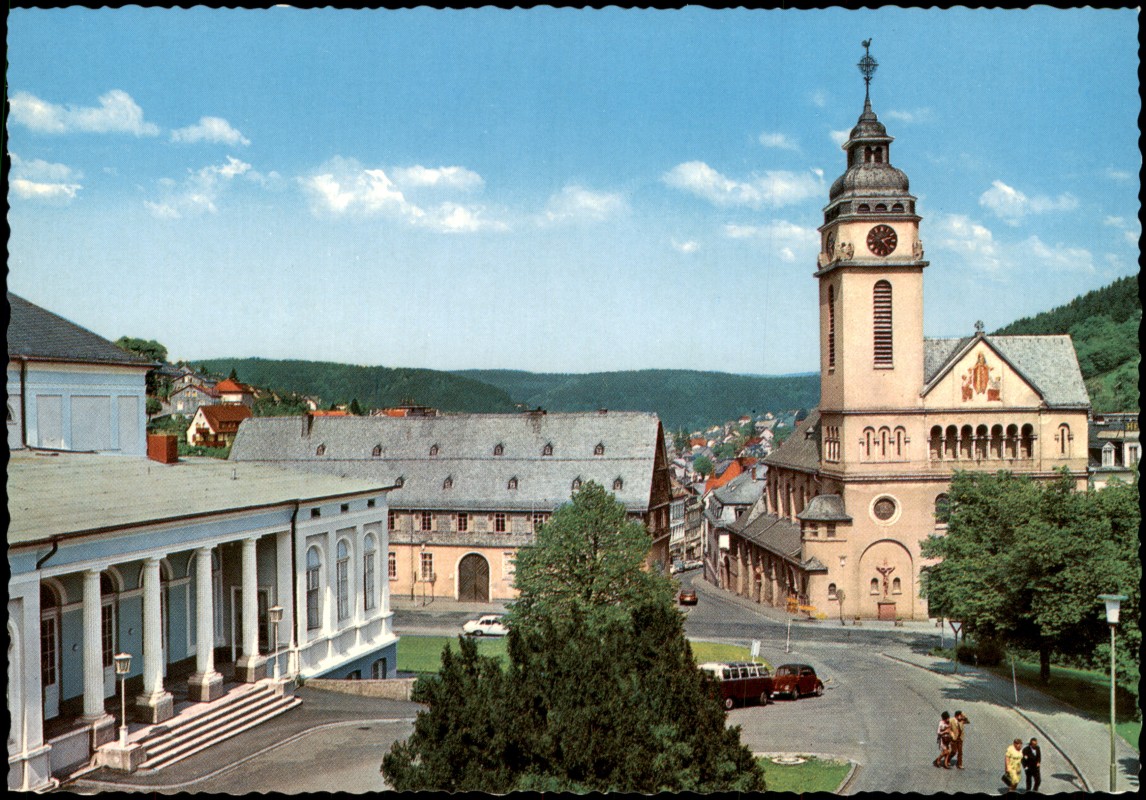 vergrößern: Bildseite historische Ansichtskarte von 1978: Kurhaus, Amtsgericht und kath. Kirche:: Bad Schwalbach