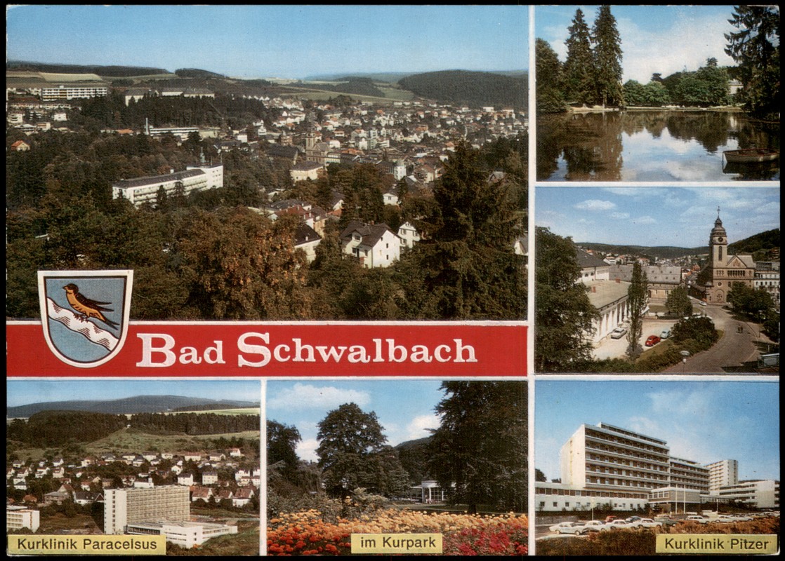 vergrößern: Bildseite historische Ansichtskarte von 1975: Mehrbildkarte von Bad Schwalbach mit Kurklinik Paracelsus, Kurklinik Pitzer & Kurpark:: Bad Schwalbach