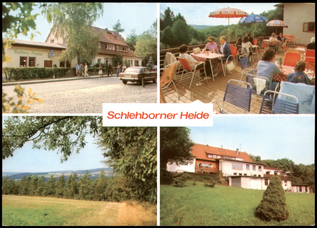 zoom: Image side vintage Postcard from 1985: Mehrbildkarte, Gasthaus und Pension Schlehborner Heide:: Bad Schwalbach