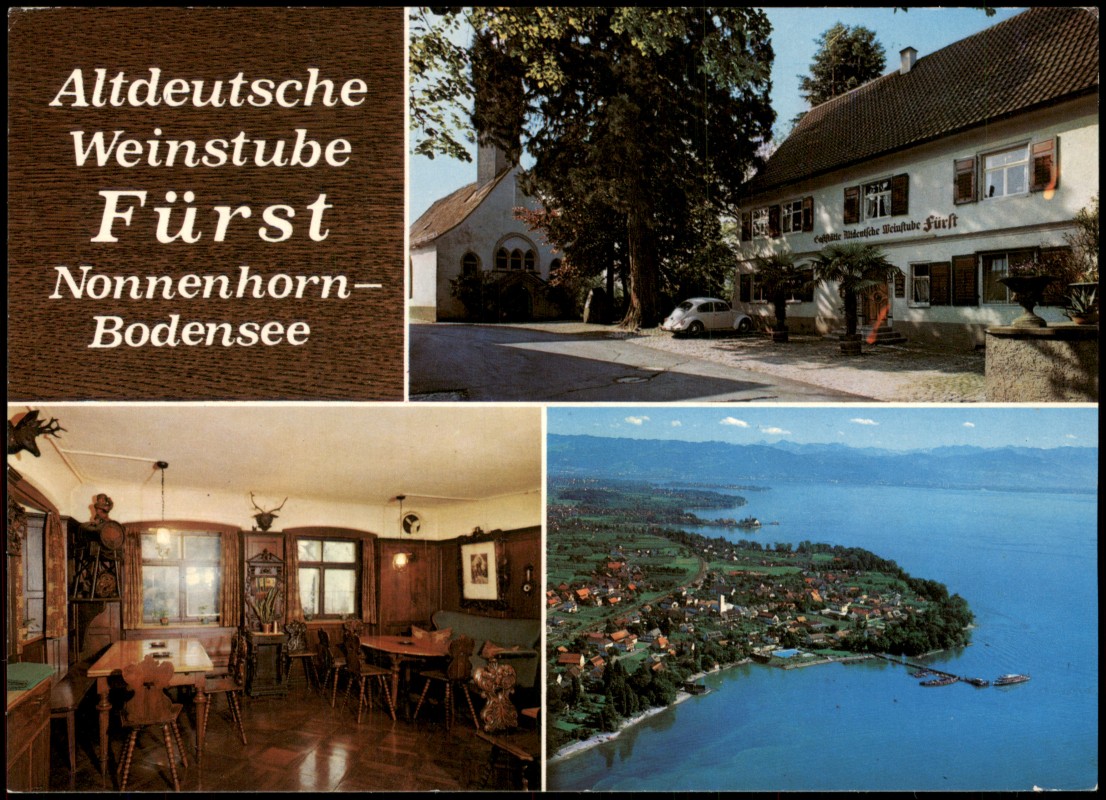 zoom: Image side vintage Postcard from 1980: Mehrbildkarte mit Panoramablick & Altdeutsche Weinstube Fürst:: Nonnenhorn (Bodensee)