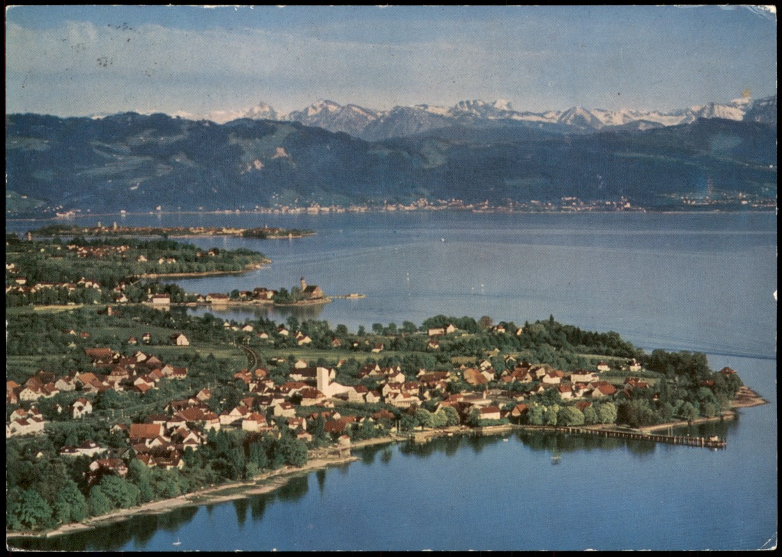 vergrößern: Bildseite historische Ansichtskarte von 1970: Luftbild Bodensee Luftansicht vom Westen aus:: Nonnenhorn (Bodensee)