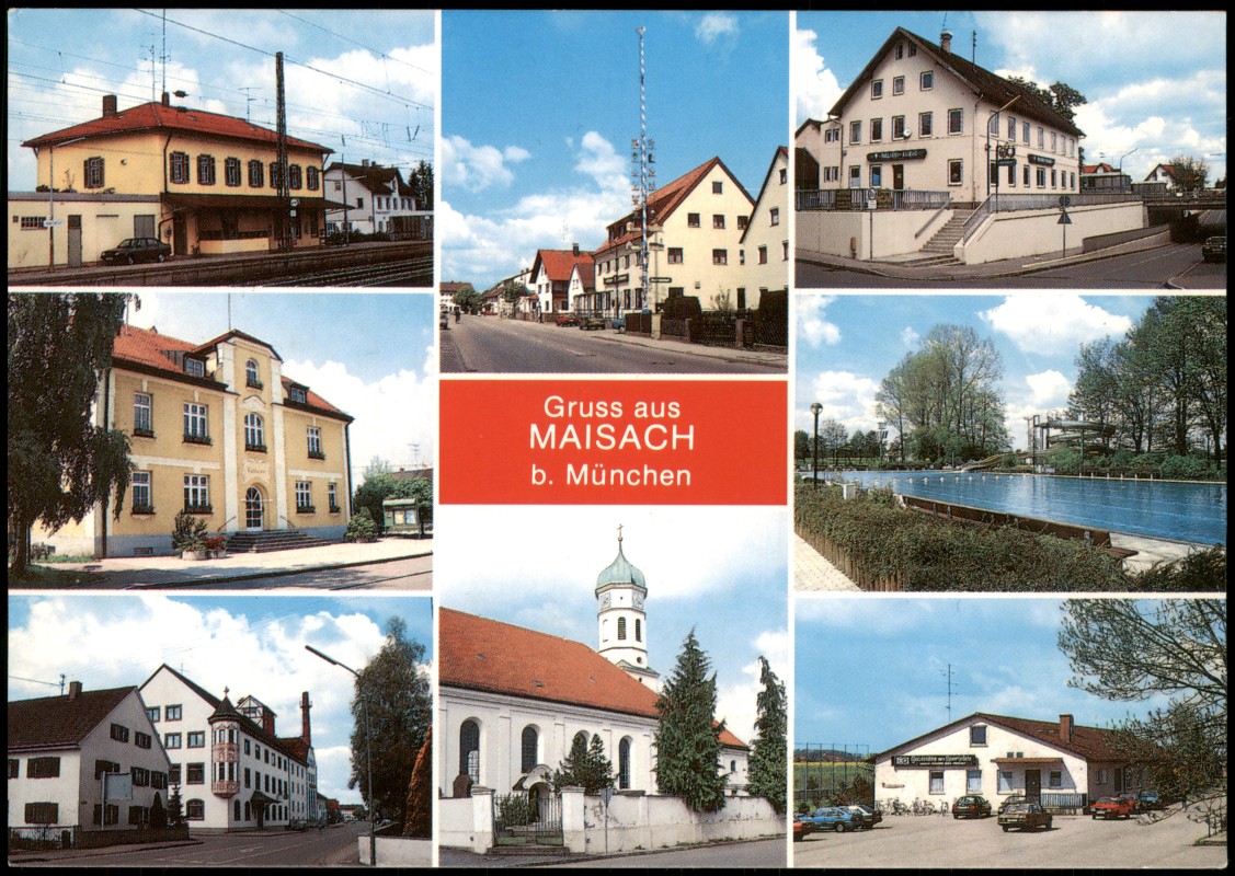 zoom: Image side vintage Postcard from 1992: Mehrbildkarte u.a. S-Bahn-Station, Straßen-Ansichten uvm.:: Maisach (bei München)