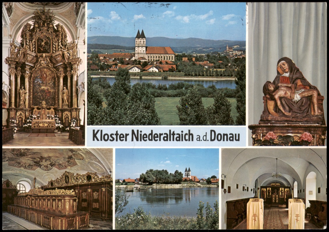 vergrößern: Bildseite historische Ansichtskarte von 1998: Kloster Niederalteich a. d. Donau Panorama incl Aussen und Innenaufnahmen:: Niederalteich